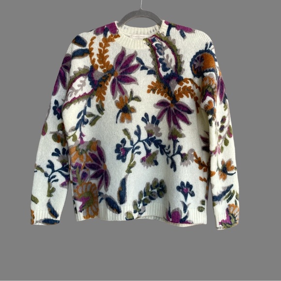 SEZANE Ecru Cream Purple Blue Green Floral Mohair Wool Sweater Seliane Jumper - Picture 1 of 15